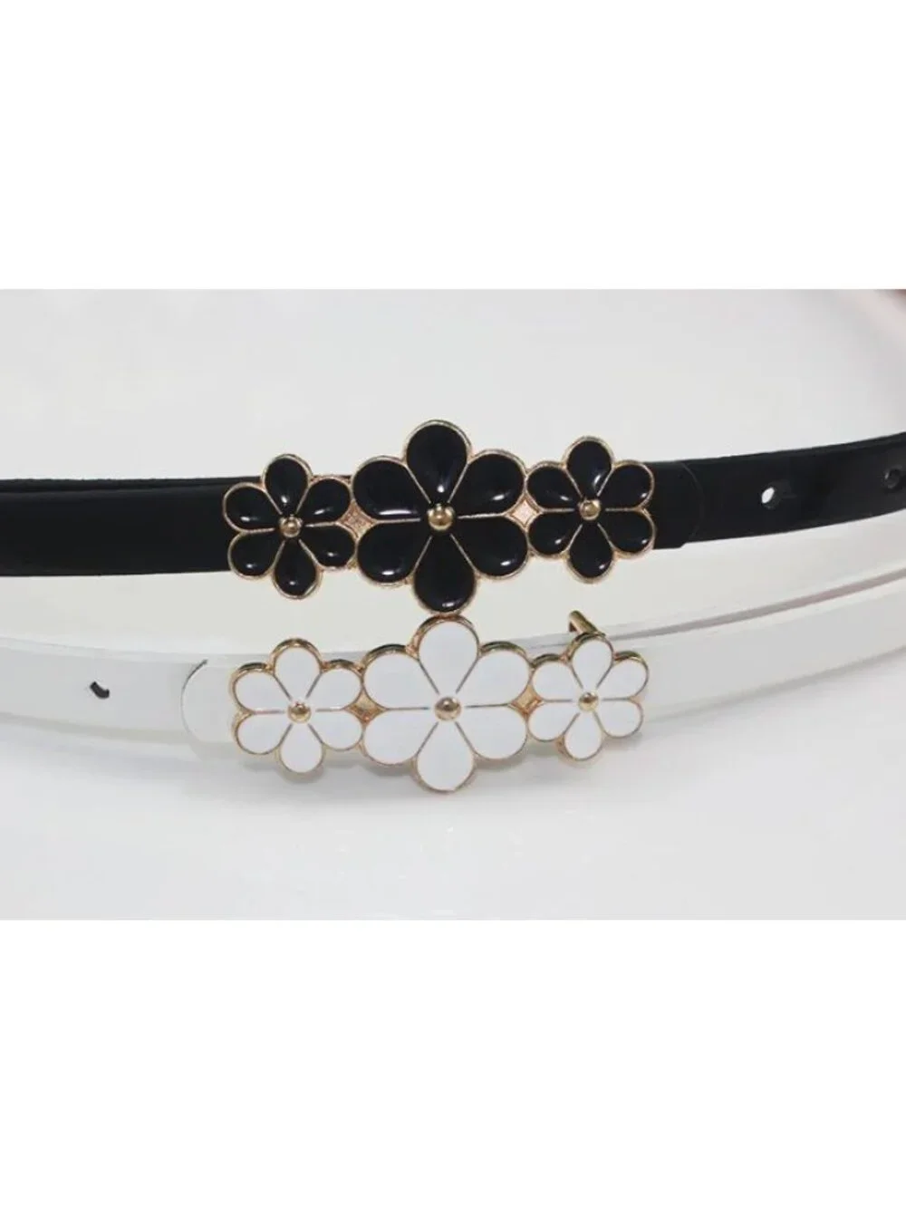 Floral Buckle Skinny Belt Set of 2 - Black & White with Gold Accents